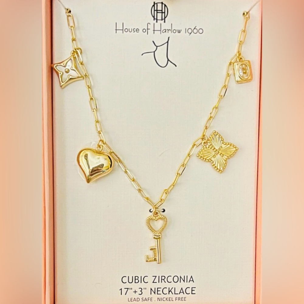 New In Box House Of Harlow 1960 Goldtone Adjustable Charm Necklace. - Picture 2 of 11